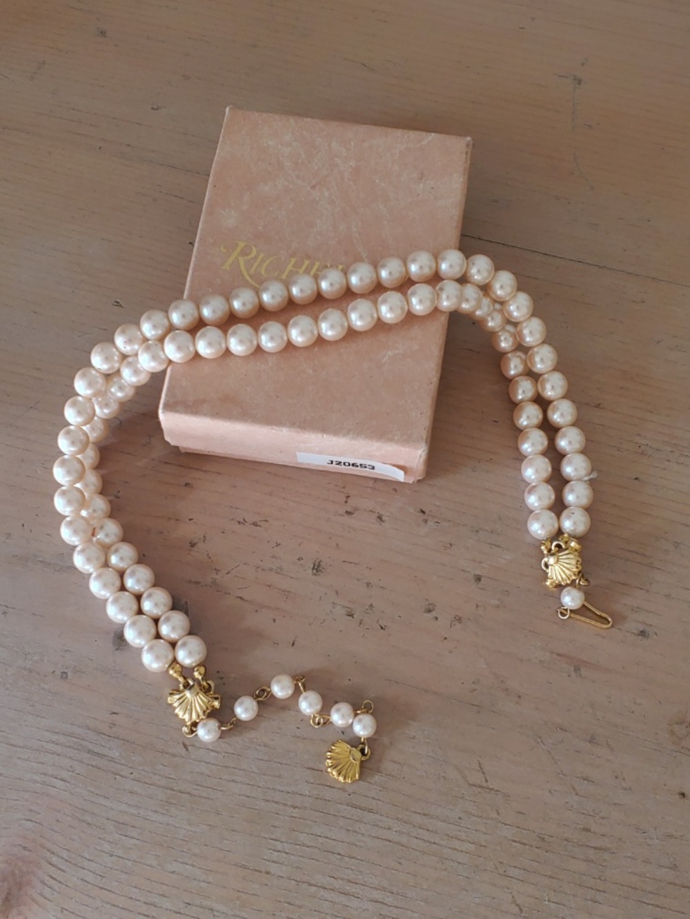 Vintage Richelieu Double Strand Faux Pearl Gold Shell Collar Necklace & Box